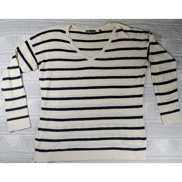 Vince Striped V-Neck Sweater Women’s Large 100%‎ Cotton Navy Cream - Picture 4 of 11